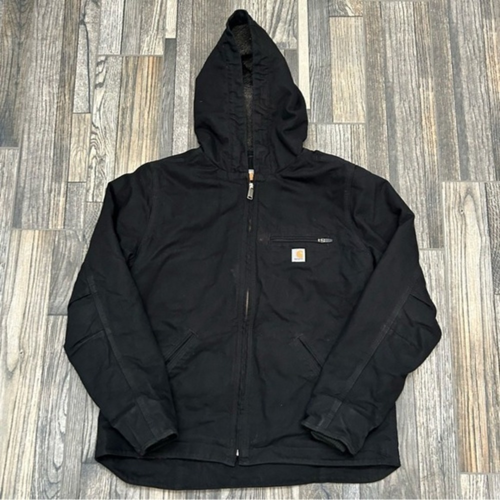 🔥 CARHARTT‎ Black Washed Duck Sherpa-Lined Canvas Hooded Jacket Women Lg - EUC